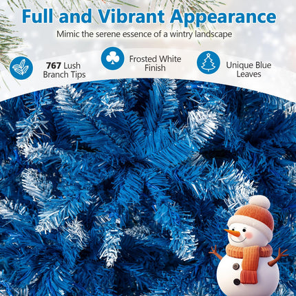 Goplus Blue Pre-Lit Artificial Christmas Tree with Frosted PVC Branch Tips & Warm White LED Lights