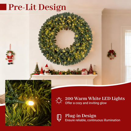 Goplus 60 Inch Large Pre-Lit Christmas Wreath with 24 Pine Cones