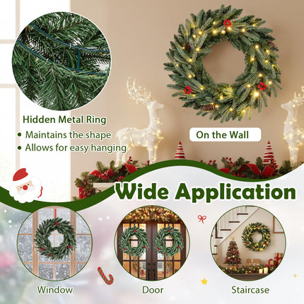 Goplus 24 Inch Pre-Lit Christmas Wreath, Battery Operated Lighted Artificial Winter Xmas Wreaths for Front Door with Pine Cones