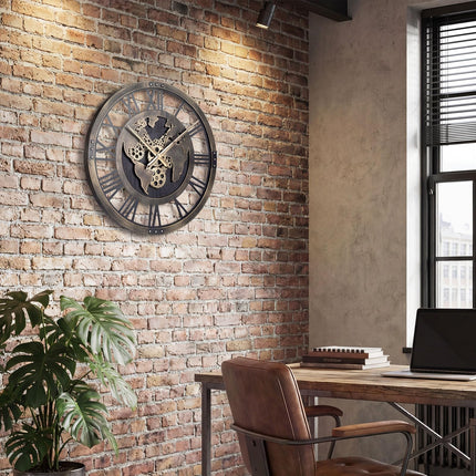 Goplus 27" Gear Clock with World Map Non-Ticking Decorative Metal Clock with Moving Gears