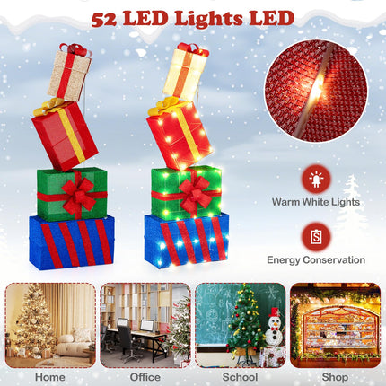 Goplus Christmas Lighted Gift Boxes Set of 4, Light Up Present Boxes with Colorful Bows