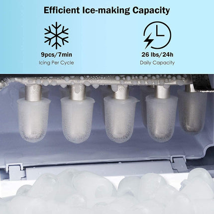 Portable Countertop Ice Maker, 26LBS/24H Mini Ice Cube Machine w/8 Min Processing 9 Cubes