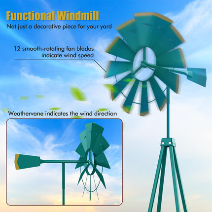 Goplus 8 ft Ornamental Windmill, All-Weather Metal Wind Mill w/ 4 Support Legs, Decorative Weathervane