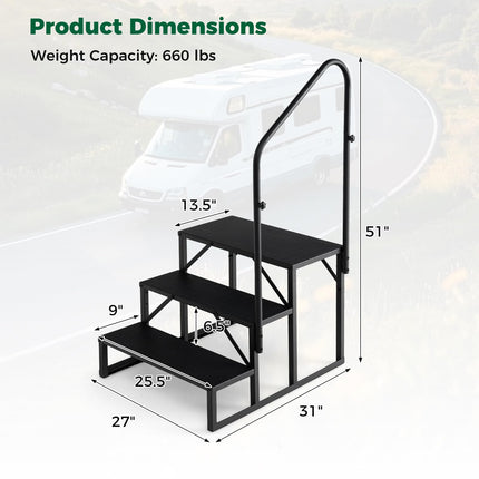 Goplus 3 Step RV Step with Handrail Heavy Duty Hot Tub Stair with Wide Anti-Slip Platform