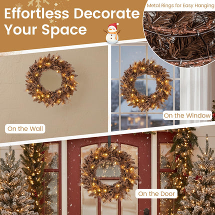 Goplus 24 Inch Pre-Lit Christmas Wreath, Battery Operated Lighted Artificial Winter Xmas Wreaths for Front Door with 105 Branch Tips