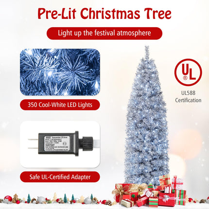 Goplus 7ft Pre-Lit Artificial Pencil Christmas Tree with 350 Cool-White LED Lights