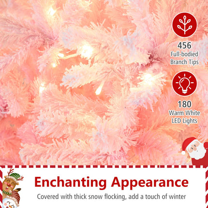 Goplus Pre-Lit Snow Flocked Christmas Tree Artificial Hinged Xmas Full Tree