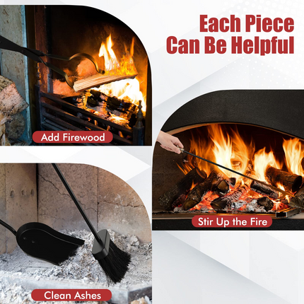 Goplus 5-Piece Fireplace Tools Set, Heavy Duty Steel Fireplace Tools with Poke, Shovel, Fire-resistant Palm Brush, Tong,Stand - GoplusUS