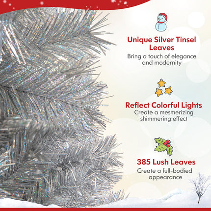 Goplus 5ft / 6ft /7ft  Pre-Lit Christmas Tree with Silver Tinsel Leaves & Upgraded Metal Stand