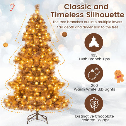 Goplus 6 FT Pre-Lit Hinged Chocolate-Color Christmas Tree with Pine Needles & PVC Tips