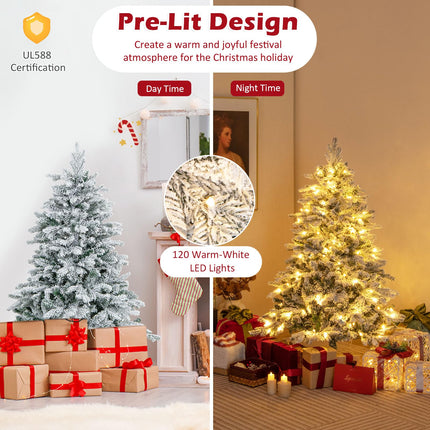 Goplus Pre-Lit Snow Flocked Christmas Tree, Artificial Hinged Xmas Tree with Branch Tips, PE & PVC Mixed Leaves