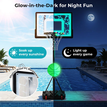 Goplus 8-Height Adjustable Pool Basketball Hoop with LED Rim PC Backboard & Basketball