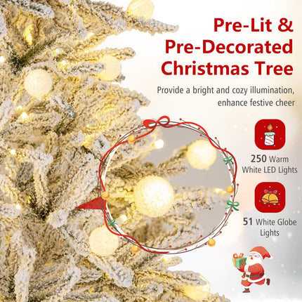 Goplus 6FT / 7FT / 8FT Pre-Lit Snow Flocked Christmas Tree with PVC Branch Tips & Globe Lights