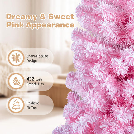 Goplus 5ft/6ft/7ft Pink Pre-Lit Flocked Christmas Trees | Holiday Decoration Tree for Home Office Party