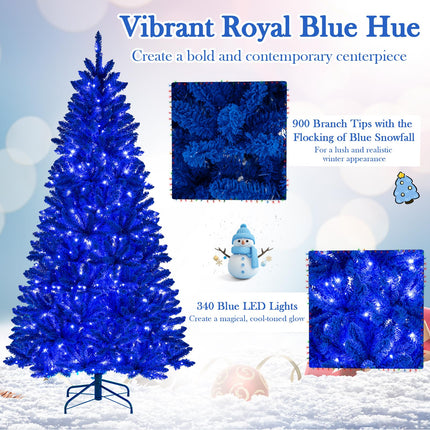 Goplus 7 FT Pre-Lit Royal Blue Snow Flocked Christmas Tree with 340 LED Lights
