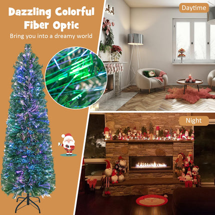 Goplus Pre-Lit Fiber Optic Slim Pencil Christmas Tree with Colorful Lights