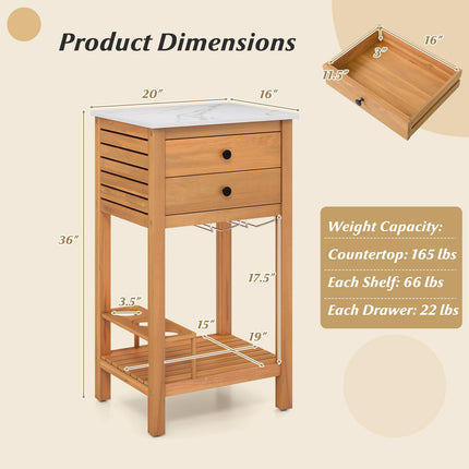 Goplus Acacia Wood Bar Table with 2 Drawers Glass & Wine Holders