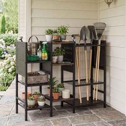 Goplus Garden Tool Organizer with Wooden Shelves 40” Wide 3-Tier Yard