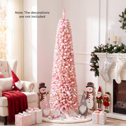 Goplus 6 FT/7 FT Pink Flocked Pre-Lit Pencil Christmas Tree | Slim Decoration Tree for Home Office