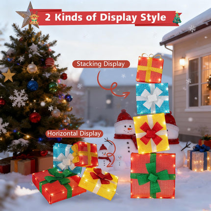 Goplus 4 Ft Lighted Gift Boxes Stackable, Pre-lit Xmas Boxes Decoration w/LED Lights