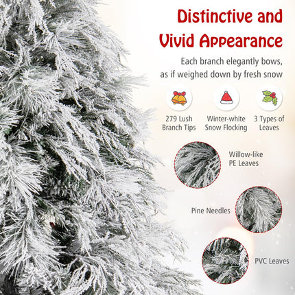 Goplus 4.5ft Pre-Lit Snow Flocked Christmas Tree, Artificial Hinged Full Xmas Tree with 279 PVC & Pine Needles