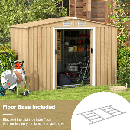 Goplus 8' x 6' Woodgrain Outdoor Storage Shed, Galvanized Metal Tool House Organizer w/Base Floor, 4 Vents
