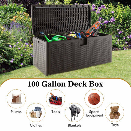 Goplus Outdoor Storage Box, 31 73 100 Gallon Waterproof Resin Patio Storage Box with Lockable Lid, Side Handle for Pillows, Cushions