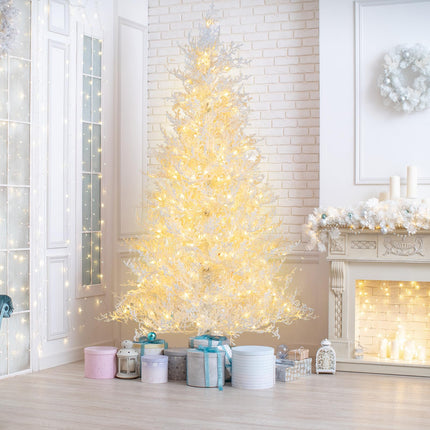Goplus 6ft Pre-Lit Artificial Christmas Tree with 383 Snow Flocked PE Tips & Warm-White Fairy LED Lights