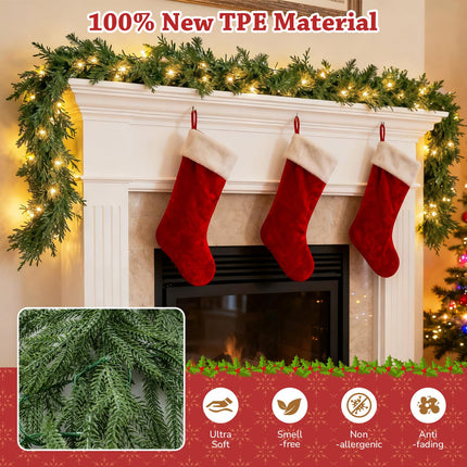 Goplus 9ft Pre-Lit Christmas Cedar Garland, Real Touch Lighted Battery Operated Artificial Cypress Garland