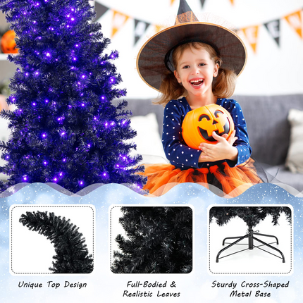 Goplus 7ft Pre-lit Black Halloween Tree, Hinged Artificial Christmas Tree with 1050 Tips, 400 Purple & Orange Lights - GoplusUS