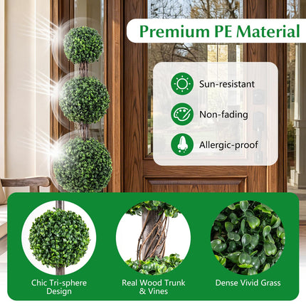 Goplus 4 FT Artificial Triple Ball Boxwood Tree w/Cement-Filled Retro Planter & Real Vines (1/2 Pack)