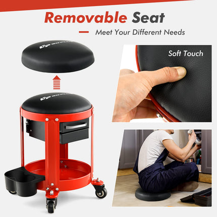 Goplus Rolling Mechanic Stool, Pneumatic Shop Stool Creeper Seat with Removable Padded Seat