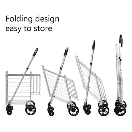 Folding Shopping Utility Cart, Double Basket and 360 Swivel Wheels, Adjustable Handle - GoplusUS