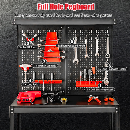 Goplus Workbench with Pegboard, Heavy-Duty Steel Tool Table with 2 Open Shelves, 13 Hanging Accessories Included - GoplusUS