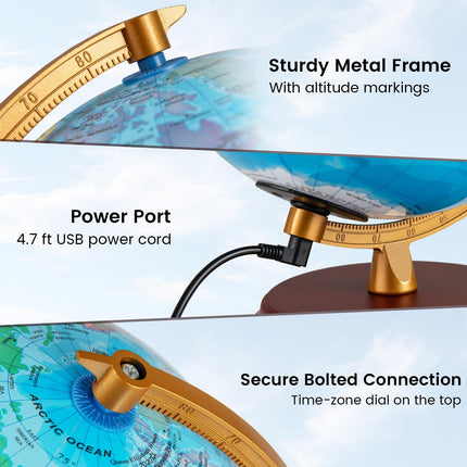 Goplus 8'' Illuminated World Globe w/Wooden Stand & HD Map for Kids Adults