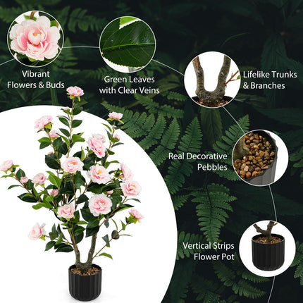 Goplus 38’’ Artificial Camellia Tree Flower Plants Artificial Tree
