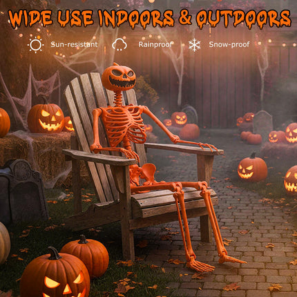 Goplus 5.2 Ft Life-Size Posable Skeleton with Pumpkin Head Halloween Orange Skeleton Decoration
