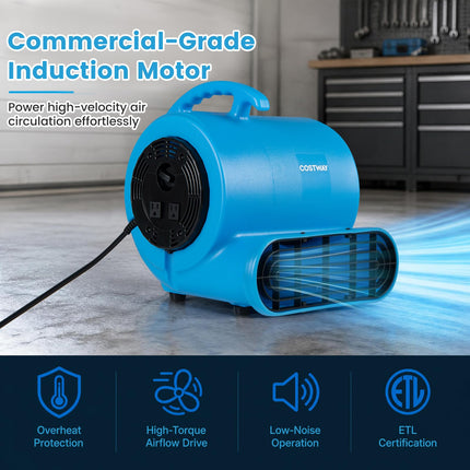 Goplus 1/3 HP Air Mover | 3-Speed 1000 CFM Commercial Blower Fan