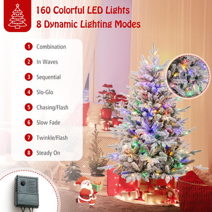 Goplus 4.5ft Pre-Lit Snow Flocked Christmas Tree, Artificial Hinged Full Xmas Tree with 160 Multicolored LED Lights