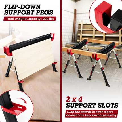 Goplus 2 Pack Folding Saw Horses, Heavy Duty Steel Sawhorse w/24闂傚倸鍊搁崐宄懊归崶顒�纾婚柟鐗堟緲绾惧潡鏌曢崼婵囧闁哄棙绮撻弻銊╂偄閸濆嫅銏ゆ煛閸曗晛鍔﹂柡?32.5闂傚倸鍊搁崐宄懊归崶顒�纾婚柟鐗堟緲绾惧潡鏌曢崼婵囧闁哄棙绮撻弻銊╂偄閸濆嫅銏ゆ煛閸曗晛鍔﹂柡?Adjustable Height, 2x4 Supporting Arms - GoplusUS