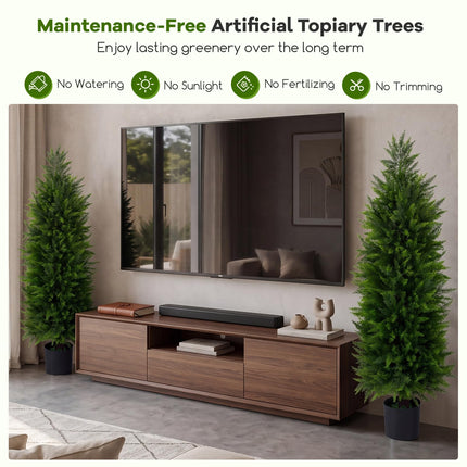 Goplus 4 FT Artificial Topiary Tree Set of 2 Faux Cedar Cypress Plants in Cement-Filled Pots