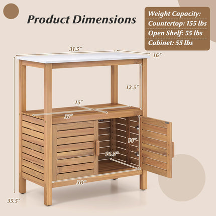 Goplus Patio Acacia Wood Storage Cabinet with Marble-Like Countertop (31.5” x 16” x 35.5”)
