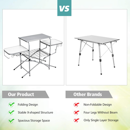 Goplus Folding Grill Table, Aluminum Outdoor Camping Kitchen Table with 26'' Main Tabletop - GoplusUS