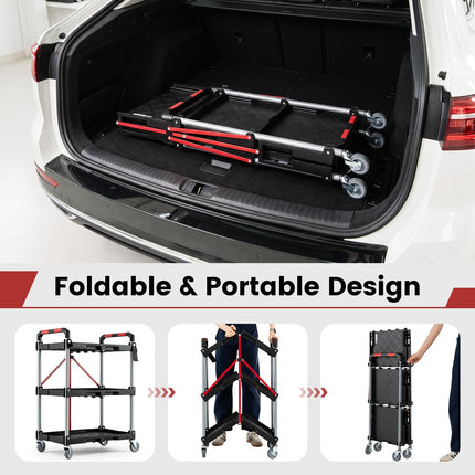 Goplus 3-Tier Folding Utility Cart w/Swivel Wheels | Tool-Free Assembly 200 lbs Capacity