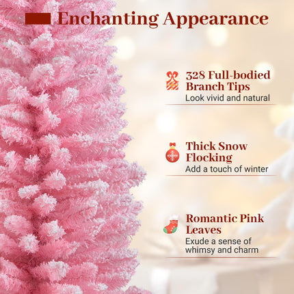 Goplus Pink Slim Pencil Christmas Tree | Artificial Unlit Skinny Xmas Full Tree for Seasonal Decor