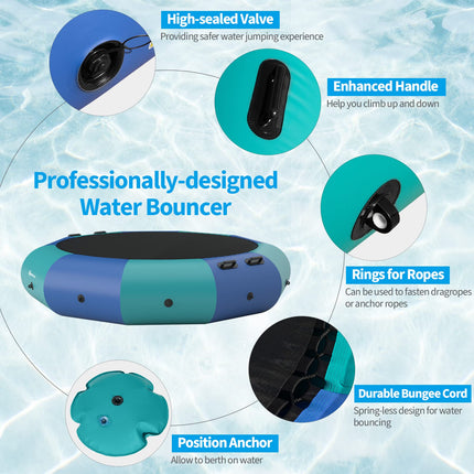Inflatable Water Trampoline, 10FT/12FT/15FT Recreational Water Bouncer w/ Electric Inflator, Rope Ladder - GoplusUS
