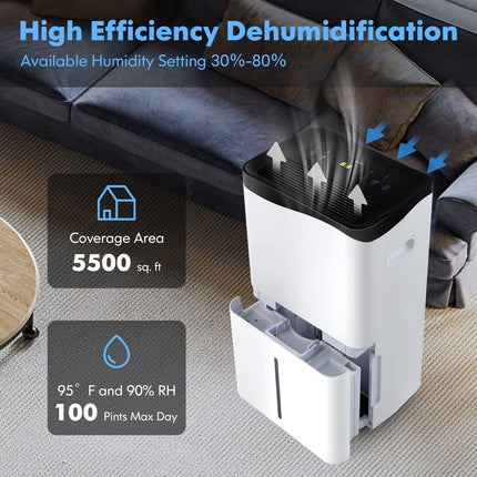 100 Pint Dehumidifier Rooms up to 5500 Sq. Ft with Smart App & Alexa Voice Control