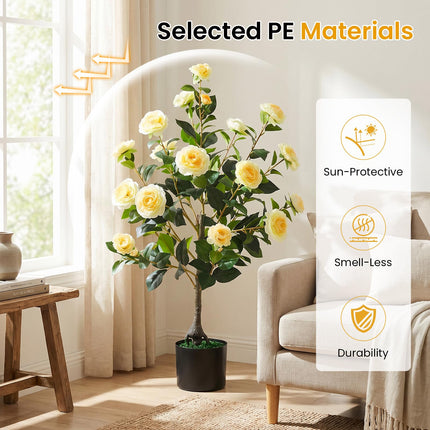 Goplus 35.5" Artificial Camellia Tree Faux Floral Plant Blooming Tree in Cement Pot (1/2 Pack)
