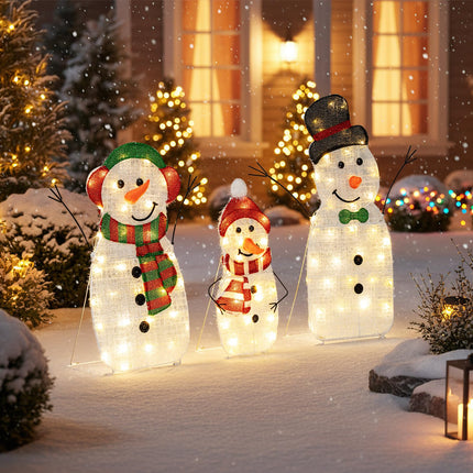 Goplus 3 Pcs Christmas Snowman Decorations, Pre-lit 2D Outdoor Snowman Family with Warm White Lights