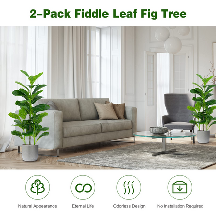 Goplus Fake Fiddle Leaf Fig Tree, 2-Pack 3.3 FT Tall Artificial Tree Greenery Plants in Pots W/40 Leaves - GoplusUS